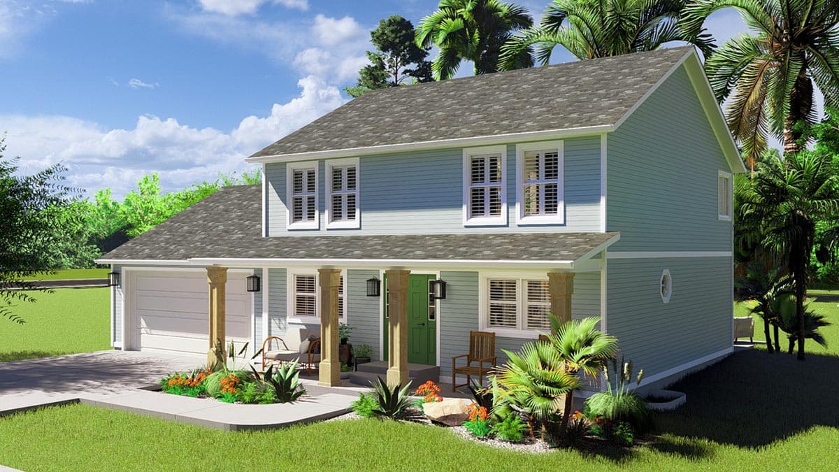 Two-story house plan exterior with a covered front porch, large gables, double-hung windows, and attached garage.