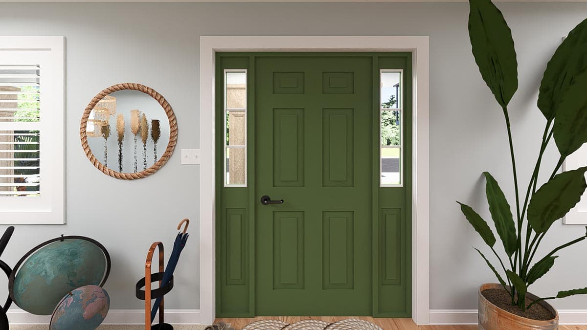Interior view of a green paneled front door with glass sidelights. Decorative mirror and globe are visible.