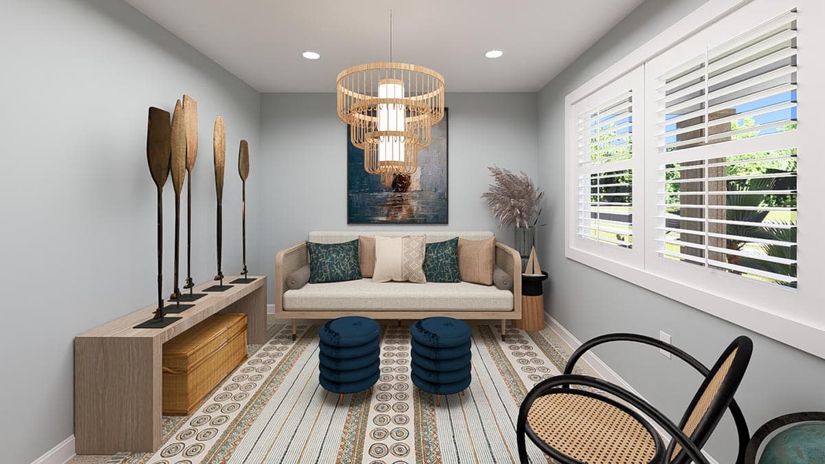 Interior rendering: Living area with a rattan sofa, decorative oars, layered rug, and large shuttered windows.