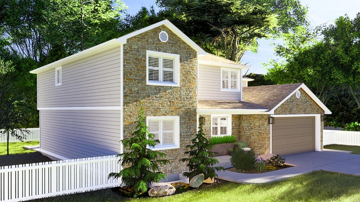 Two-story house plan exterior with stone accents, vinyl siding, gable dormers, and attached garage.