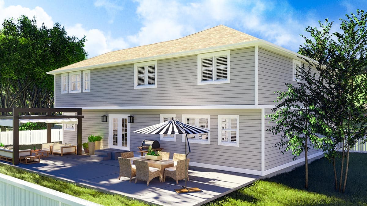 Two-story house plan exterior with gray siding, white trim, double doors, and a large patio with a pergola.