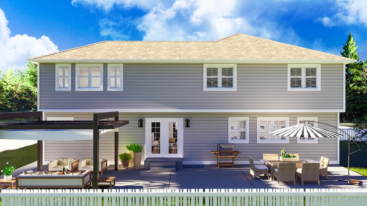 House plan exterior: two-story siding home with gable roof, double doors, and large patio with seating.