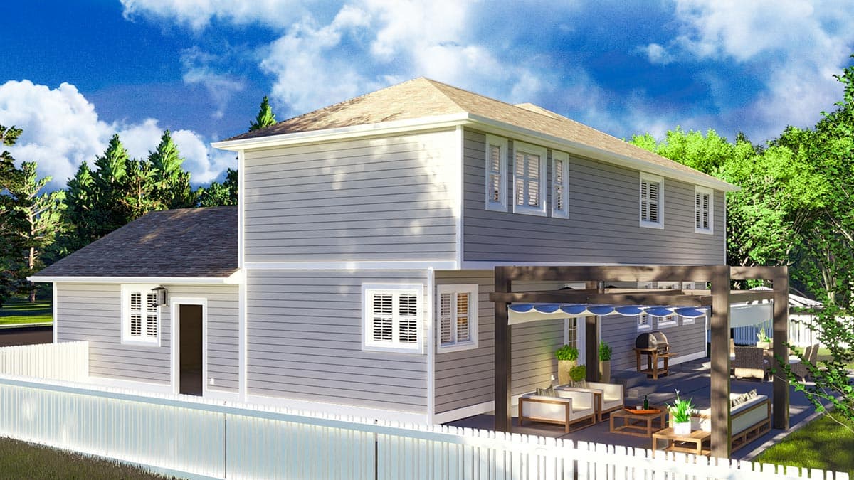 House plan exterior of a two-story home with horizontal siding, multiple gables, and a covered patio with outdoor seating.