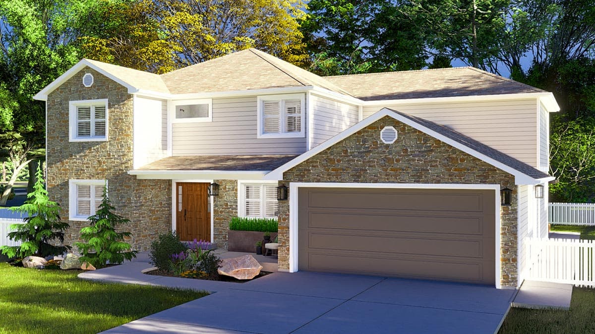 Two-story house plan exterior with stone accents, covered entry, and attached garage. Gable rooflines and horizontal siding visible.