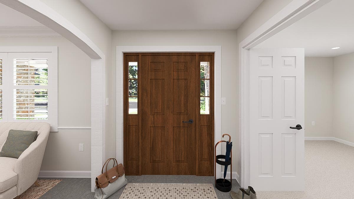 House plan interior view of entry hall with wood front door with sidelights and open doorway to room.