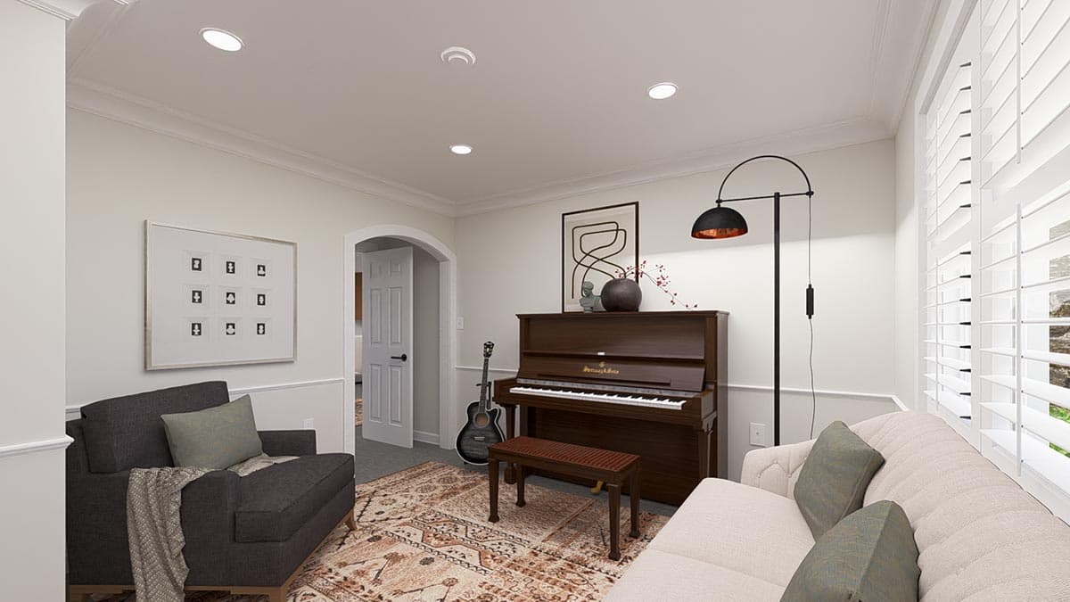 Interior rendering of a living room with a piano, guitar, sofa, armchair, and arched doorway.