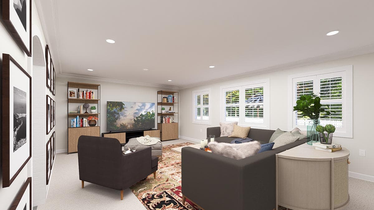 Interior rendering of a living room with a sectional sofa, armchair, entertainment center with TV, bookshelves, and shuttered windows.