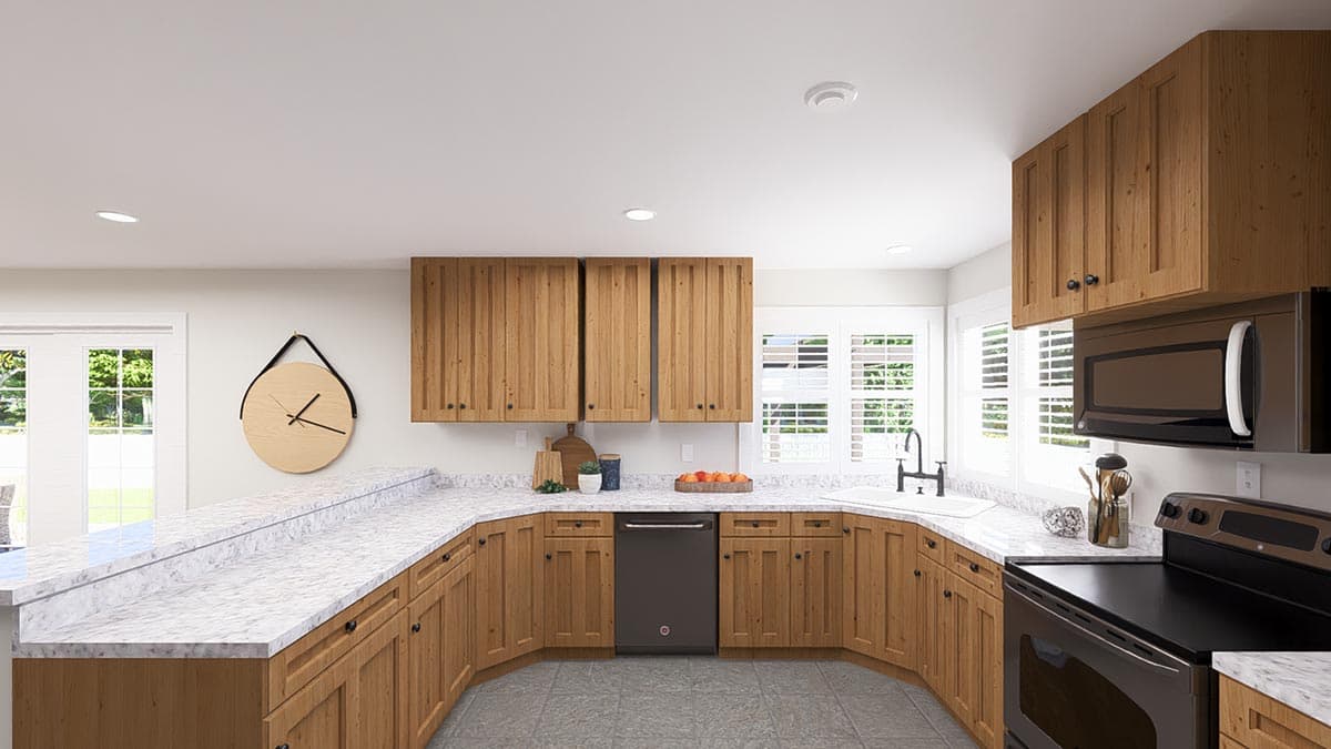 Kitchen with light wood cabinets, granite countertops, stainless steel appliances, and double doors leading outside.