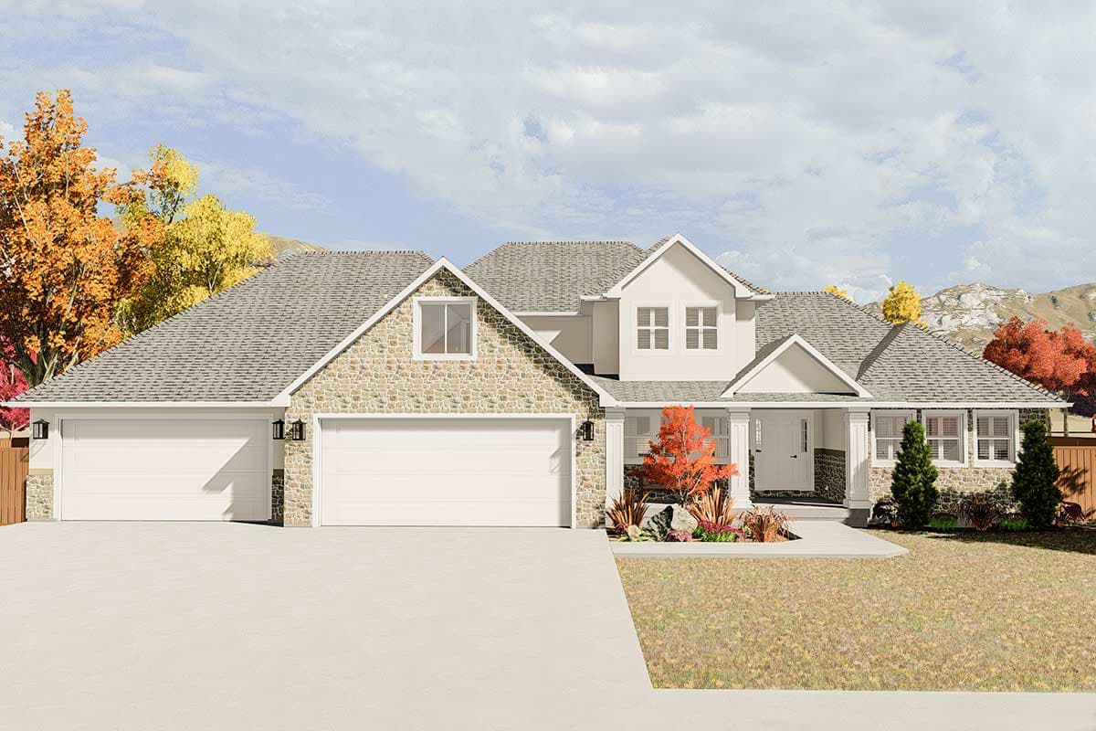 House plan exterior with stone veneer, gabled roof, and a two-car garage. Features include dormers and a covered front porch.