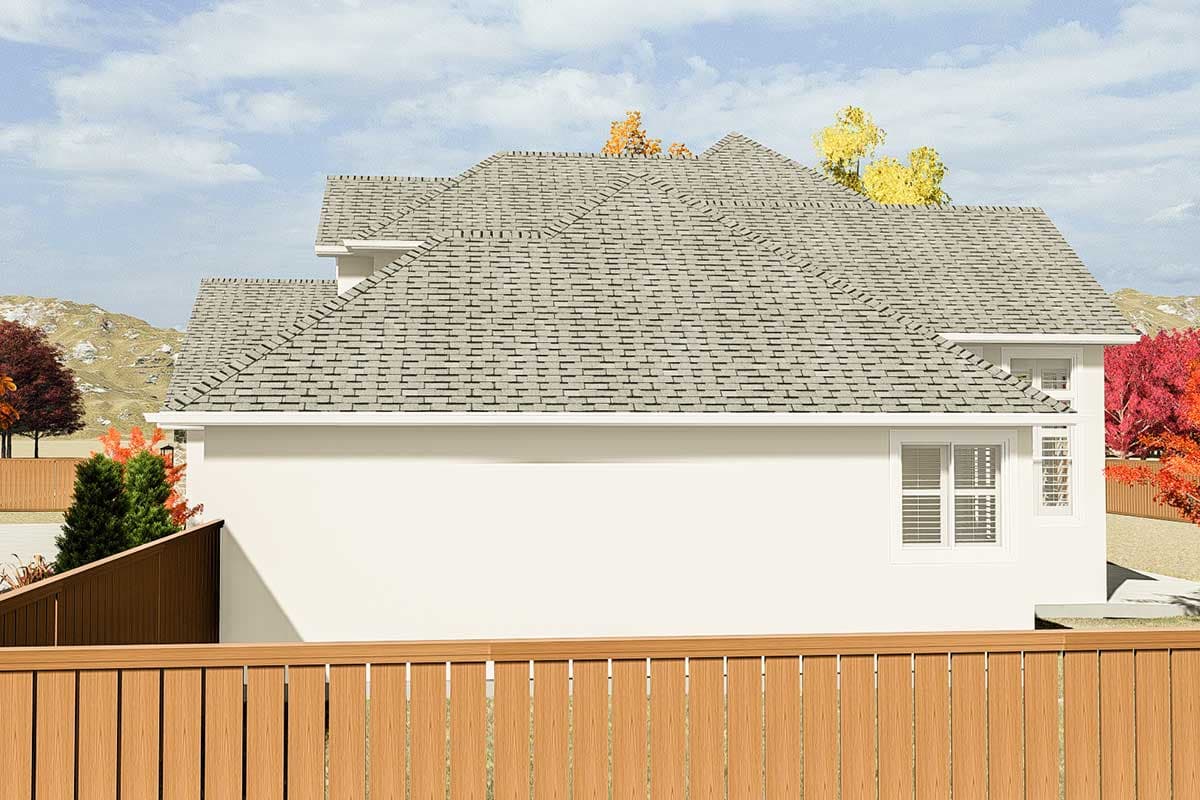 House plan exterior: side view of a two-story house with multi-level gabled roof, white siding, and multiple windows.