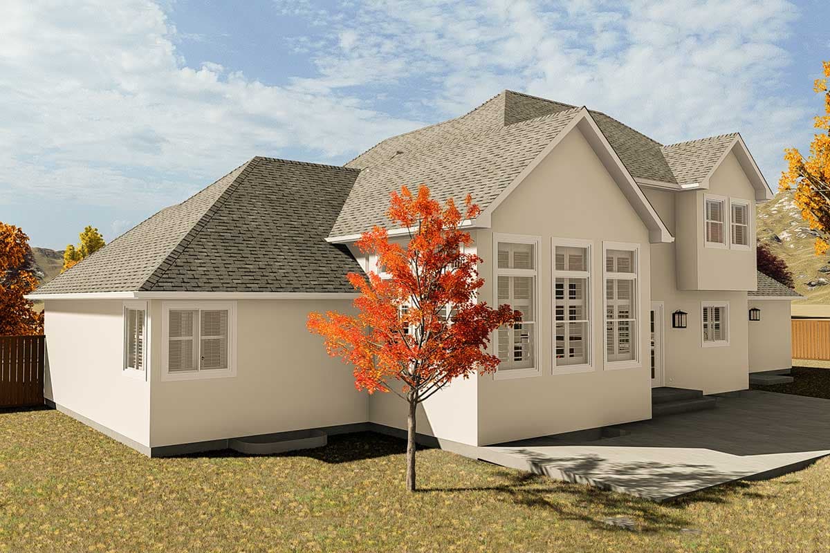 House plan exterior: Two-story home with multi-gabled roof, large bay windows, and a side-facing garage entrance.