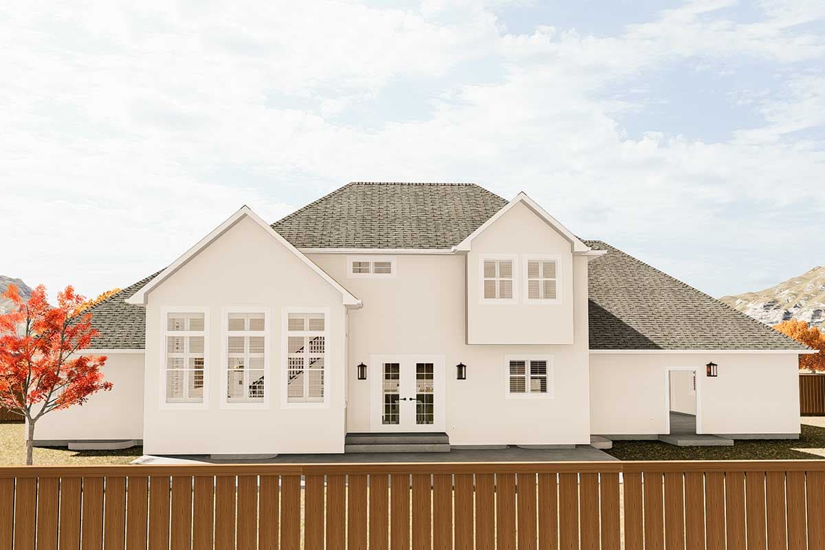 House plan exterior: Two-story Modern Farmhouse with dual gables, large casement windows, double doors, and attached garage.