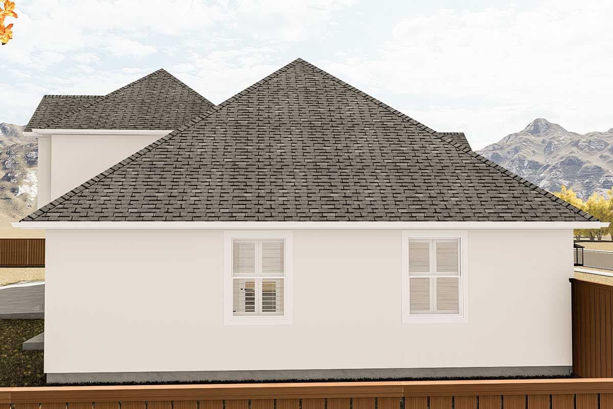 House plan exterior side view: light colored siding, asphalt shingle roof, and two multi-pane windows.