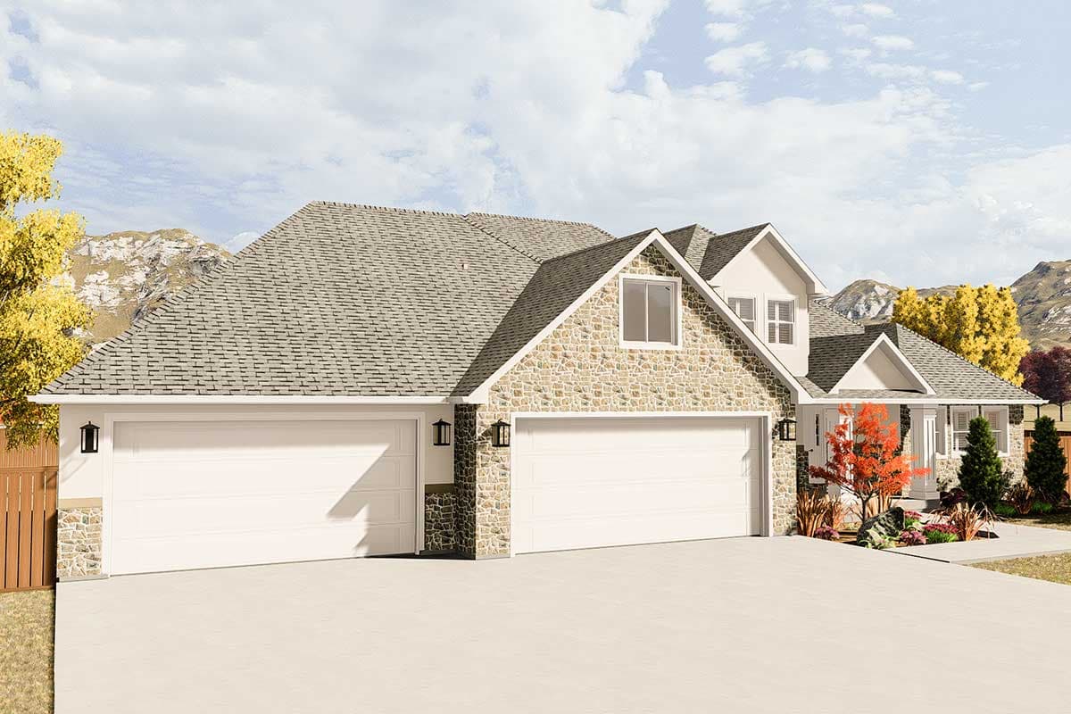House plan exterior: Two-story home with stone accents, a three-car garage, and prominent gables.