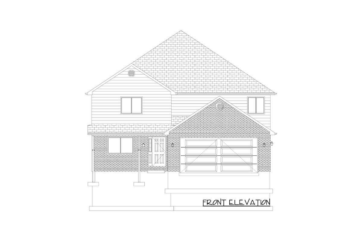 Front elevation of a two-story house plan with a garage, brick accents, siding, and a pitched roof.