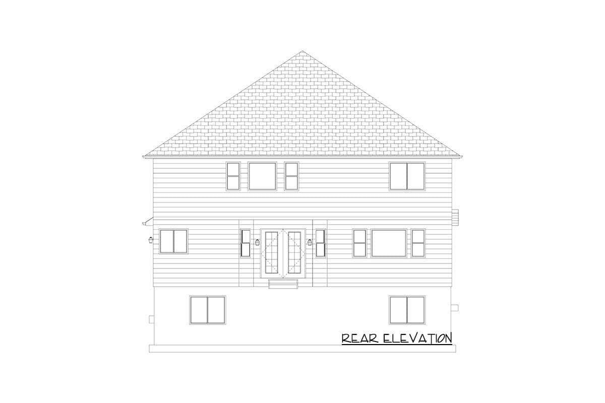 Rear elevation drawing of a two-story house with double doors and multiple windows.