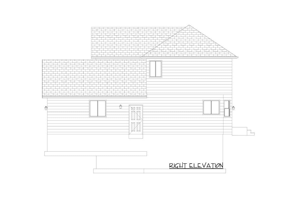 Right elevation house plan drawing shows a two-story house with vinyl siding, a prominent gable roof, and a central front door.