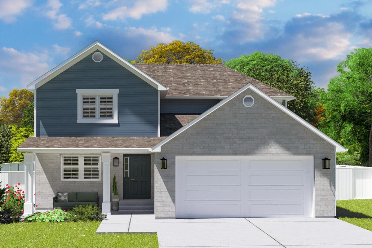 House plan exterior. Two-story home with Craftsman style elements. Features include gable roof, dormers, and a two-car garage.