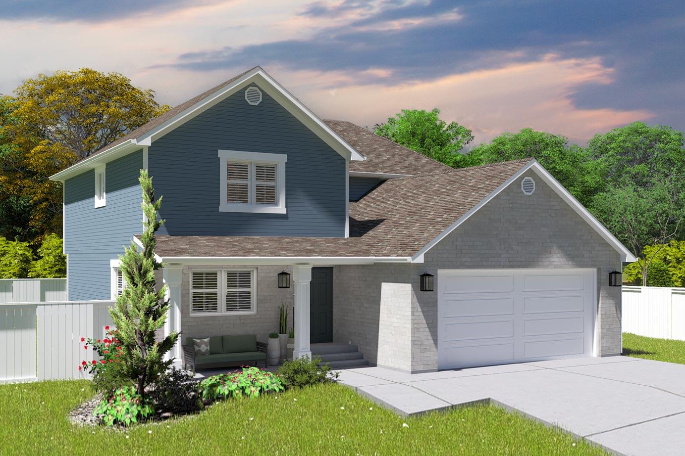 House plan exterior: two-story Modern Farmhouse with blue siding, white trim, gabled roof, and a two-car garage.
