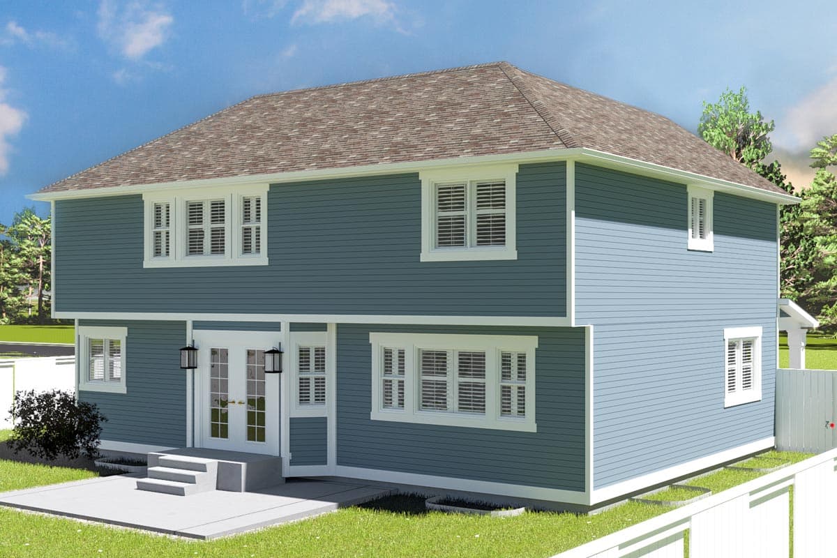 Two-story house plan exterior with blue siding, gable roof, French doors, and multiple windows.
