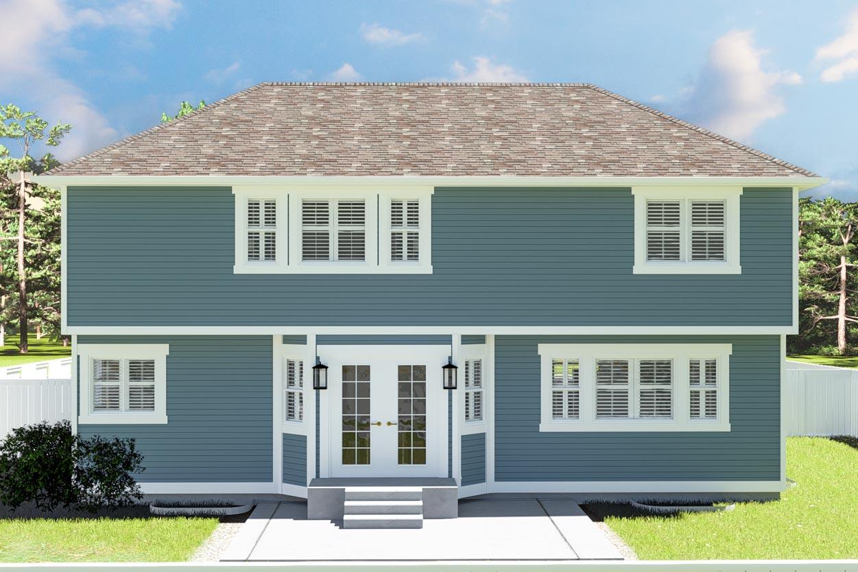 Two-story house plan exterior with blue siding, double entry doors, and multiple double-hung windows.