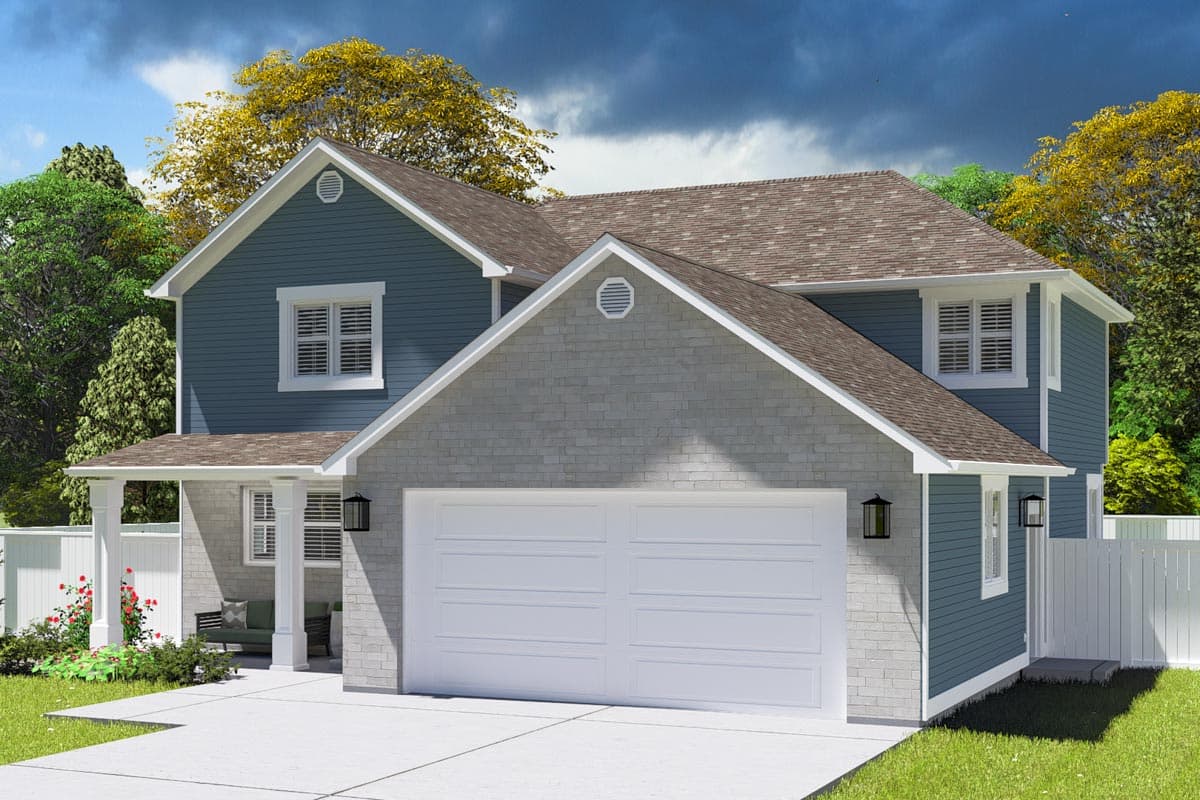 House plan exterior: two-story, blue siding, gray shingle gable, white garage door, covered porch.