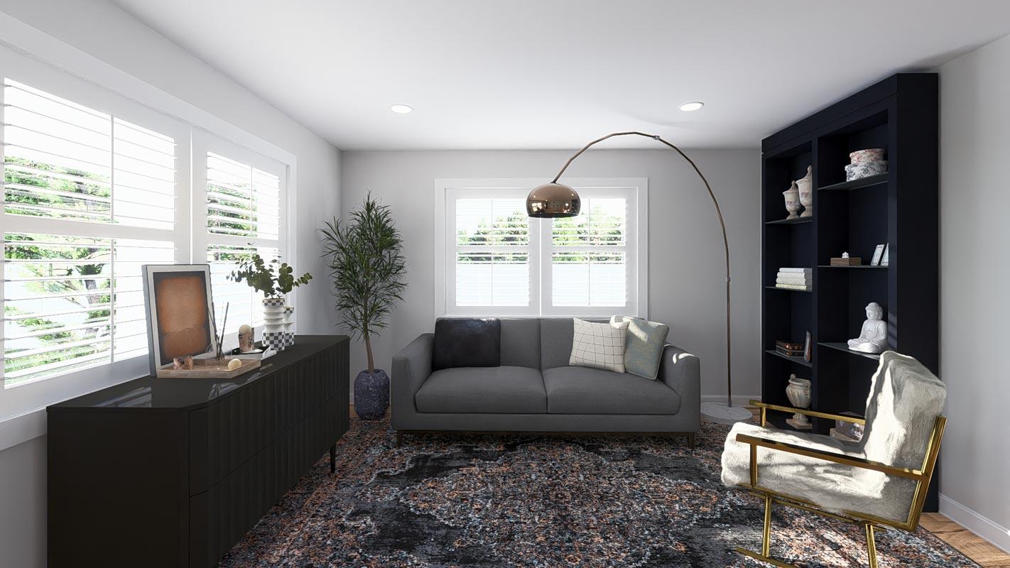 Interior rendering of a living room with a gray sofa, black cabinet, built-in bookshelf, and large windows with shutters.