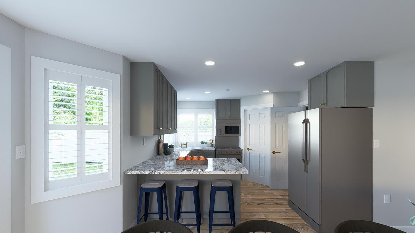 Kitchen with gray cabinets, granite island with bar stools, stainless steel refrigerator, and white plantation shutters over window.
