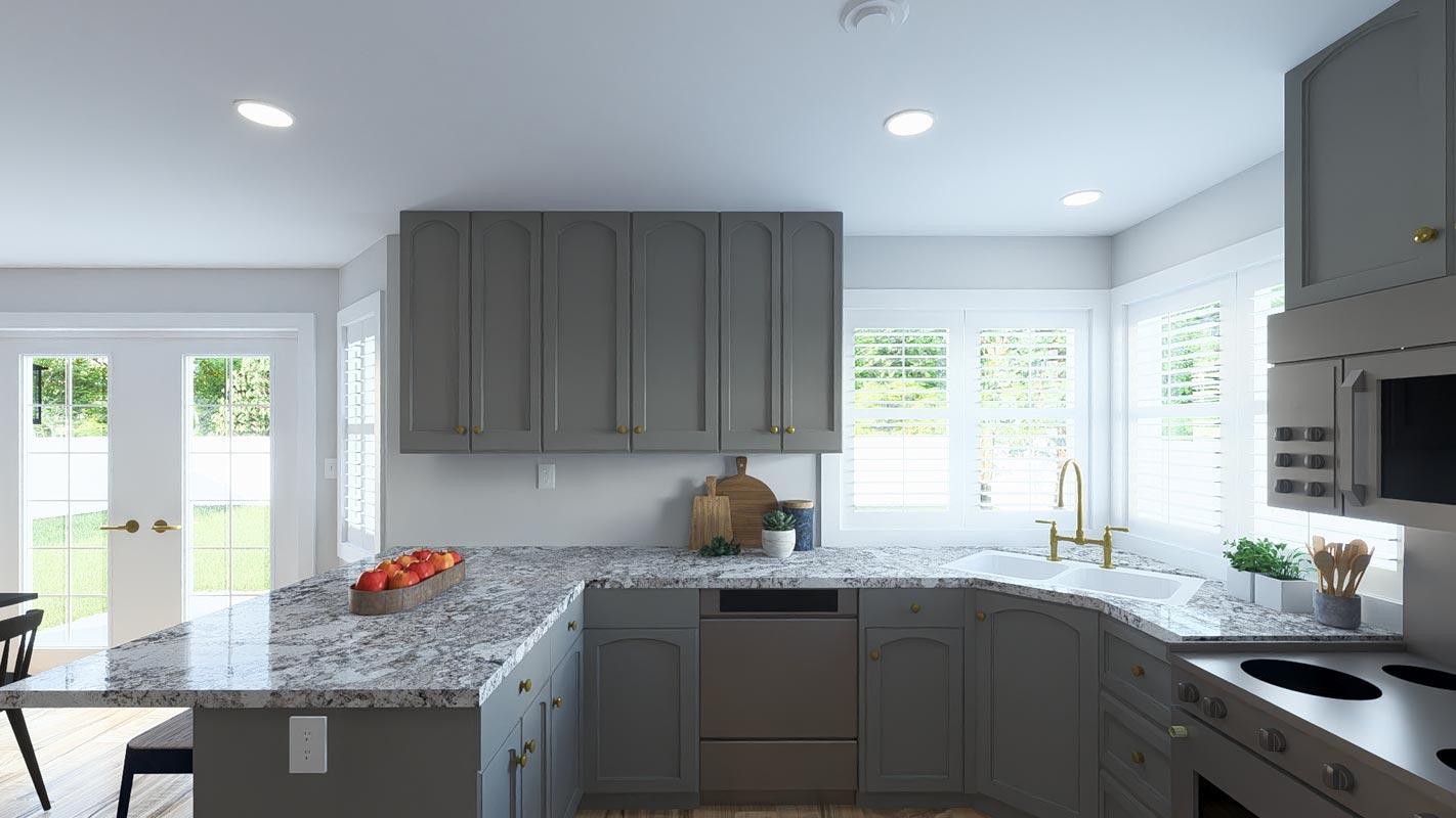Kitchen rendering with gray cabinetry, granite countertops, double sink, and French doors leading outside.