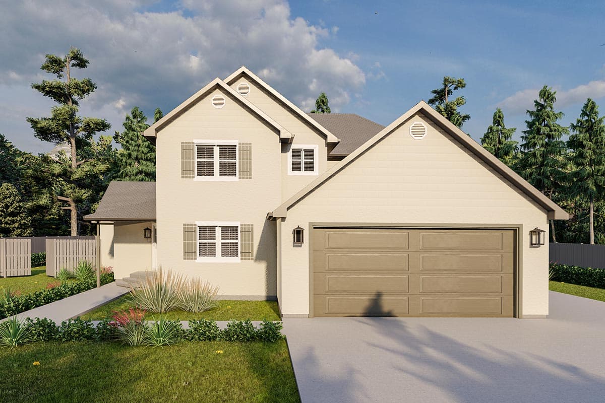 House plan exterior with two stories. Features include a front-facing two-car garage, multiple gables, and shuttered windows.