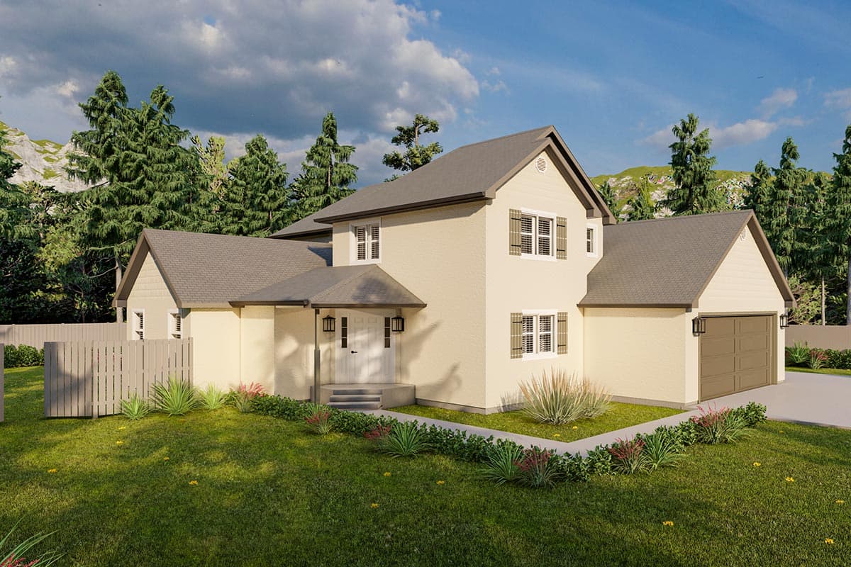 House plan exterior: two-story residence with a covered entry porch, gable rooflines, shutters, and an attached two-car garage.