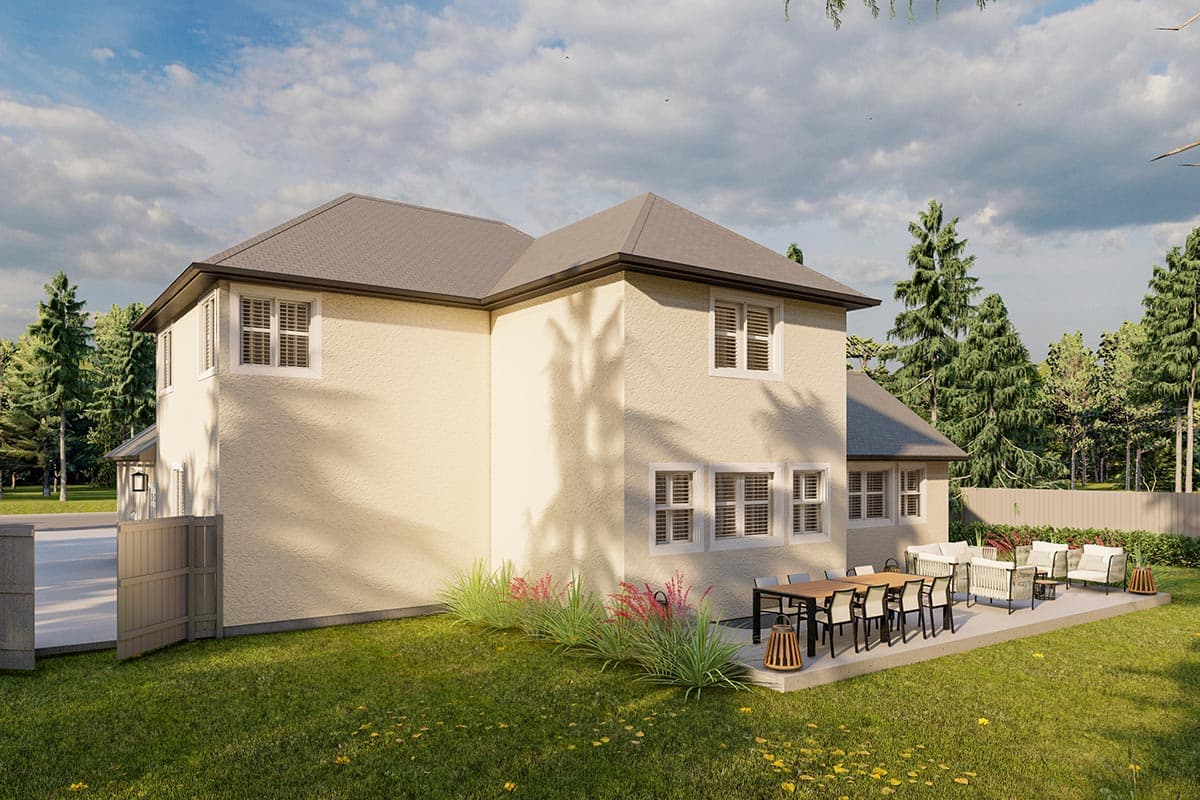 House plan exterior rendering of a two-story home with a stucco finish, gable roof, and multiple windows.