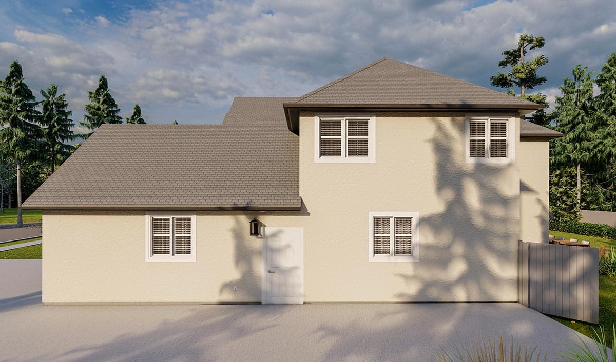 House plan exterior rendering of a two-story home with stucco siding, gabled roof, and multiple double-hung windows.