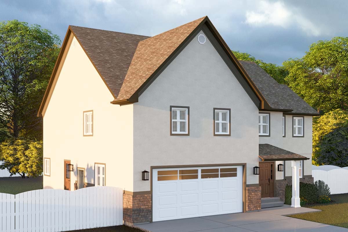 House plan exterior of a two-story home with a front-facing garage, covered entryway, and gabled rooflines.