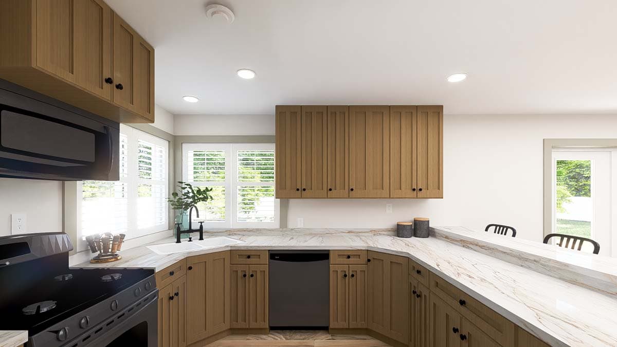 Kitchen rendering with light wood cabinetry, white marble countertops, stainless steel appliances, and plantation shutters.