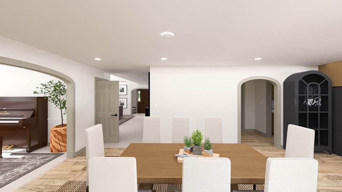 Interior rendering showing a dining area with a wooden table, upholstered chairs, and an adjacent living space with a piano.