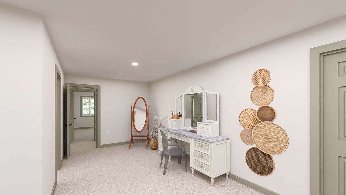 Interior rendering of a room with a vanity, mirror, chair, and an open doorway revealing another room with a window.