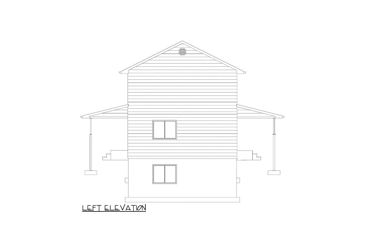 Left elevation drawing of a two-story house with horizontal siding, gabled roof, and covered porches.