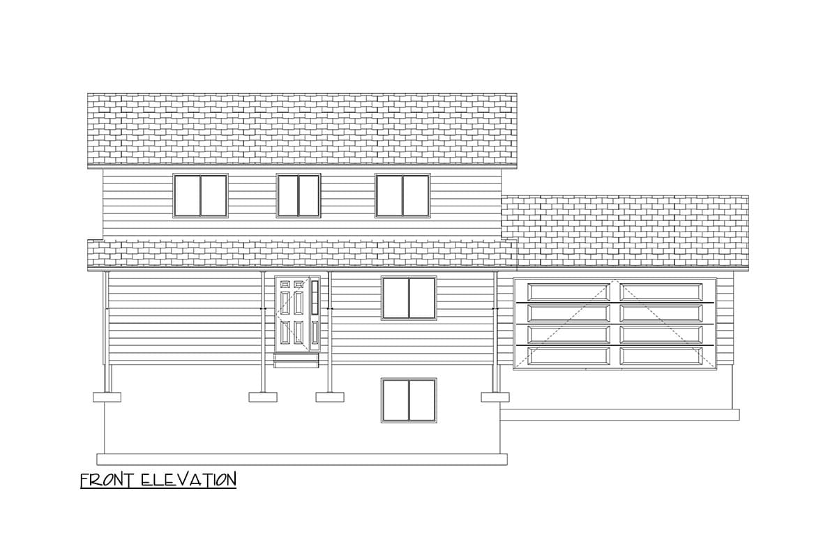 Front elevation of a two-story house plan with a covered porch, double garage door, and multiple windows.