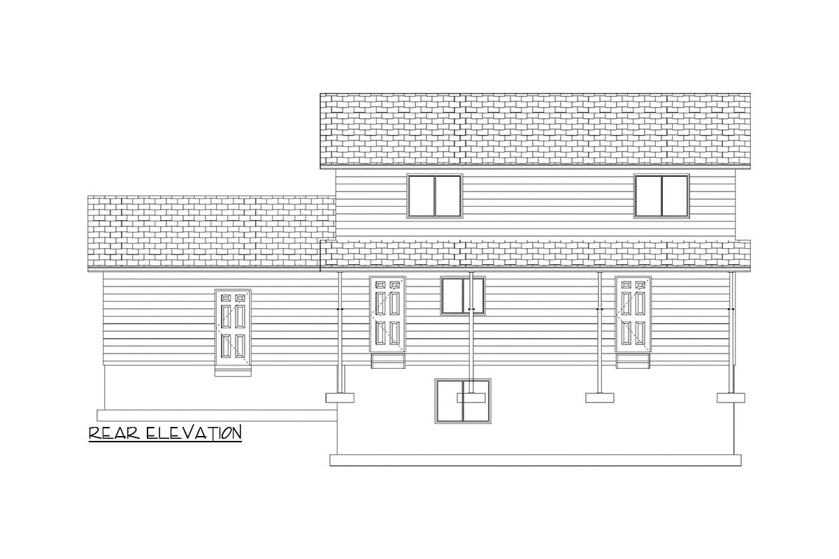 Rear elevation drawing of a two-story house plan with a covered porch, three doors, and multiple windows.