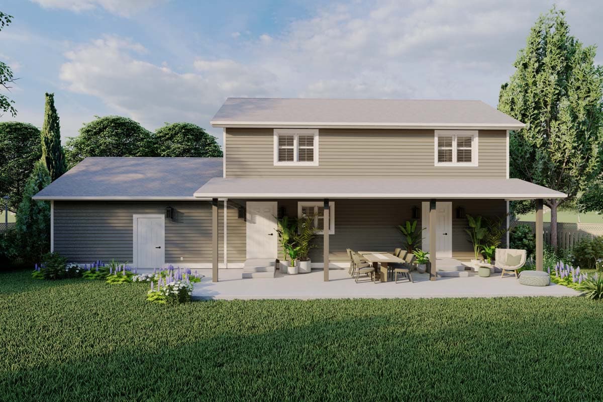 Two-story house plan exterior with siding, a wraparound porch, multiple doors, and an attached garage.