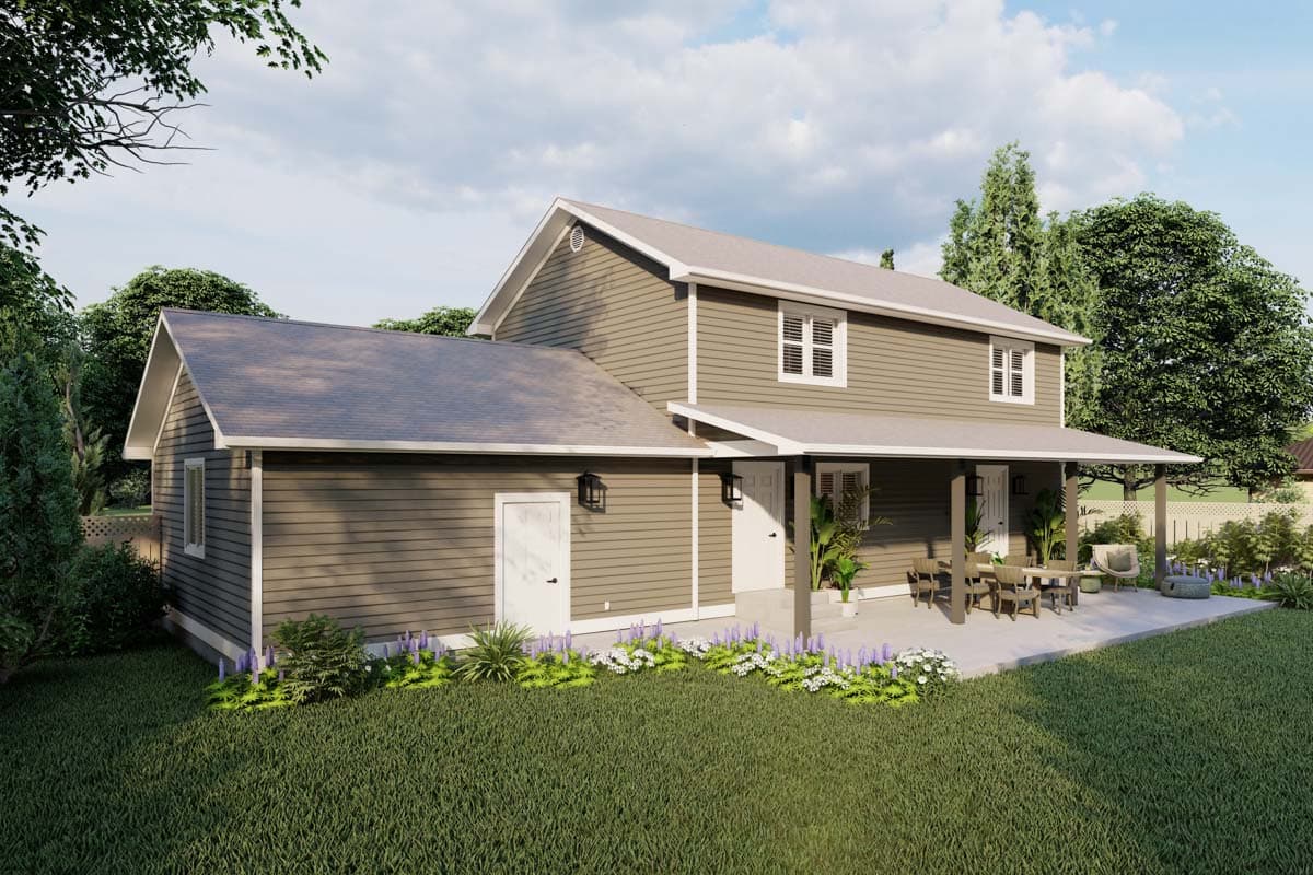 House plan exterior: Two-story home with horizontal siding, a covered porch with seating, and multiple gables.