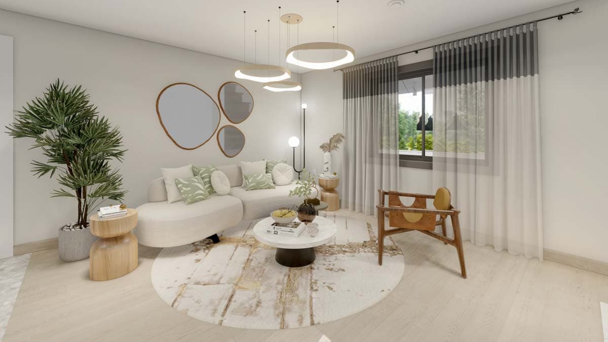 Interior rendering of a living room with a sectional sofa, round coffee table, decorative mirrors, floor lamp, and large window with sheer curtains.