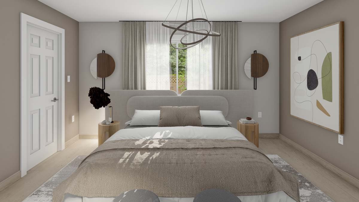 Bedroom interior with a king-size bed, upholstered headboard, decorative wall art, and a modern chandelier.
