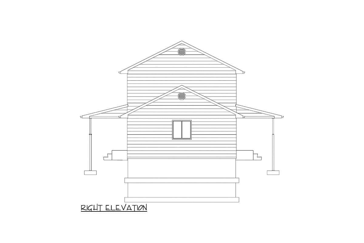 Right elevation house plan drawing shows a two-story building with gabled roof, siding, a single window, and covered porches on both sides.
