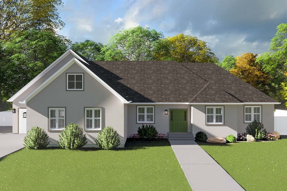 House plan exterior. Ranch style with a gable, multiple windows, and a front entry. Attached garage with side-facing door.