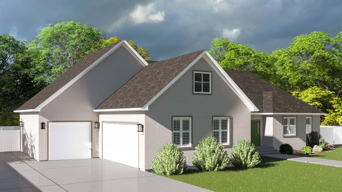 House plan exterior with a stucco finish, featuring a two-car garage, gables, and a dormer.