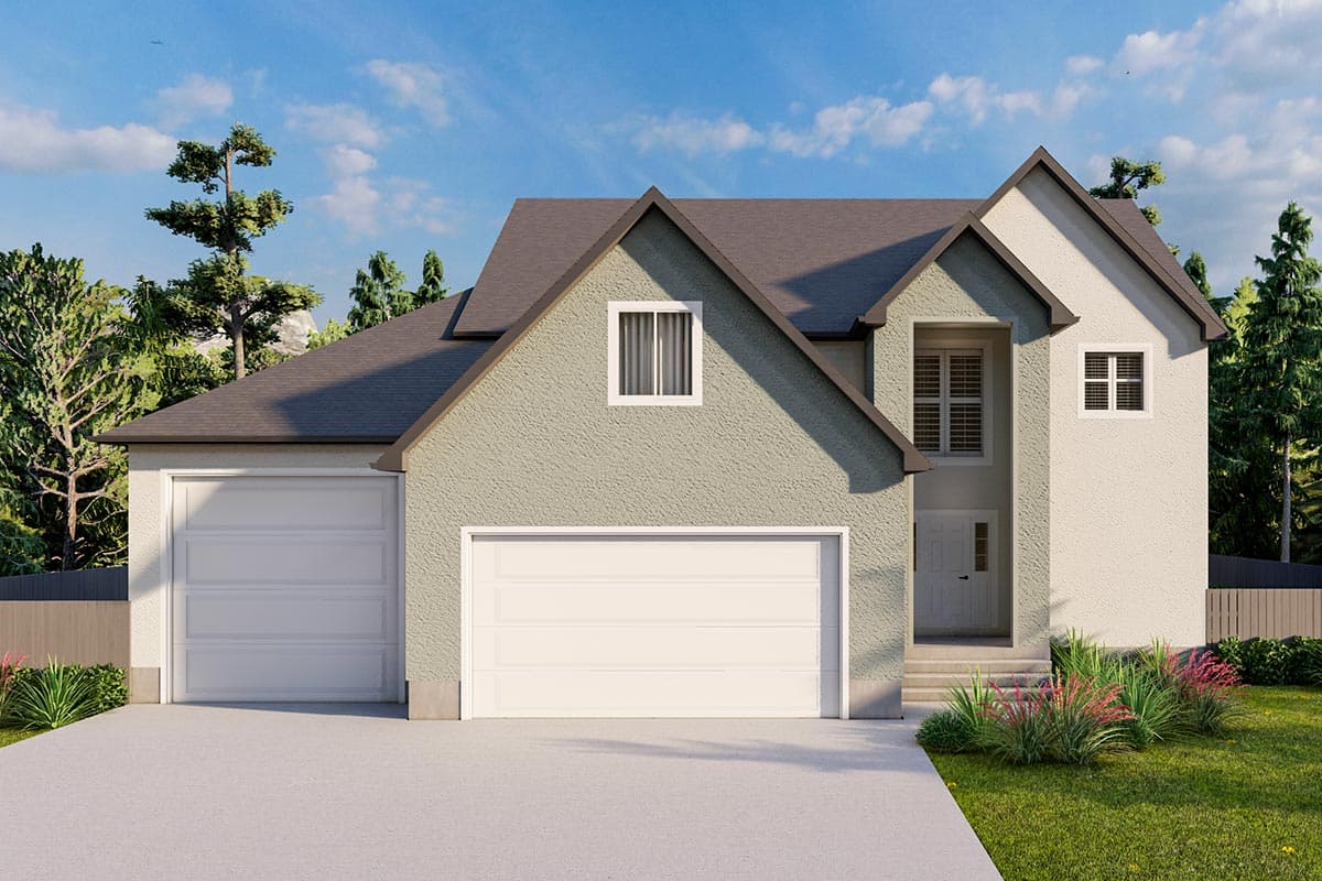 House plan exterior with two-car garage, multiple gables, and a front entry with a small portico. Two-story house with dormers.