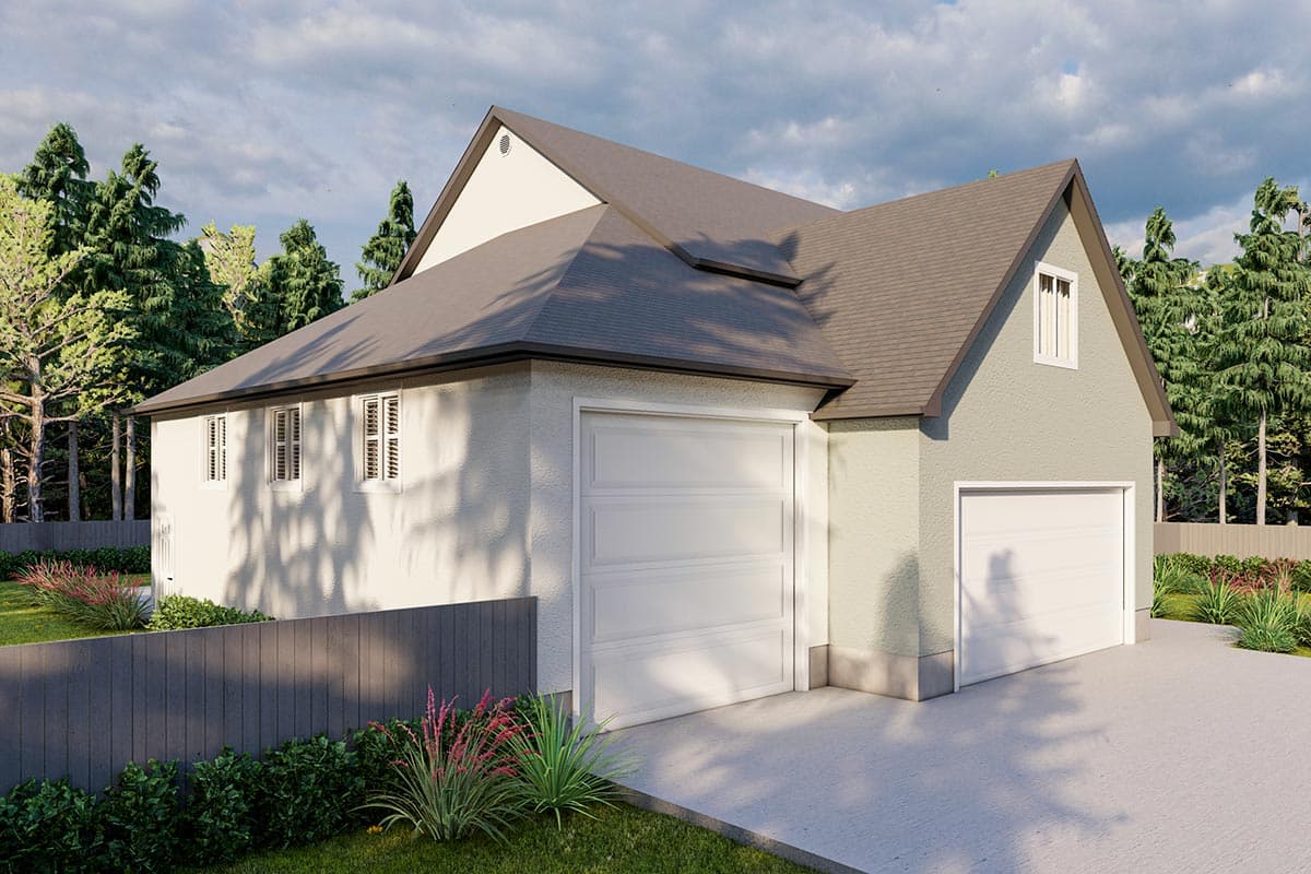 House plan exterior shows a two-car garage and a one-car garage with gabled rooflines and stucco finish.