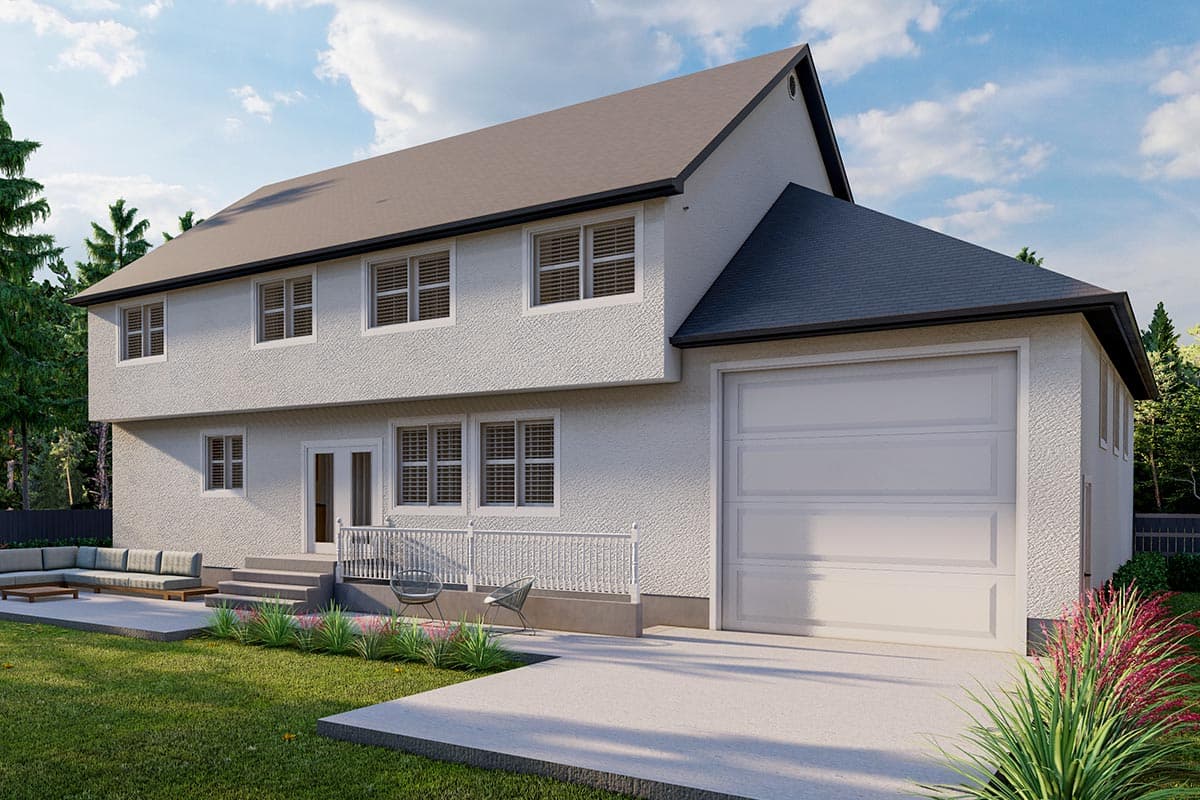 Two-story house plan exterior with textured siding, gable roof, multiple windows, attached garage, and rear patio.